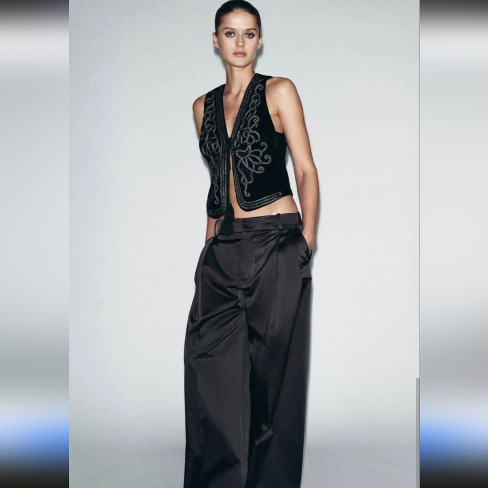Zara Black Wide-Leg Satin-Look Trousers